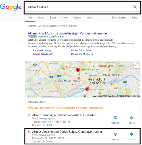Mögliche Suchergebnisse durch LocalSeo Referenz Allianz Schulz Frankfurt